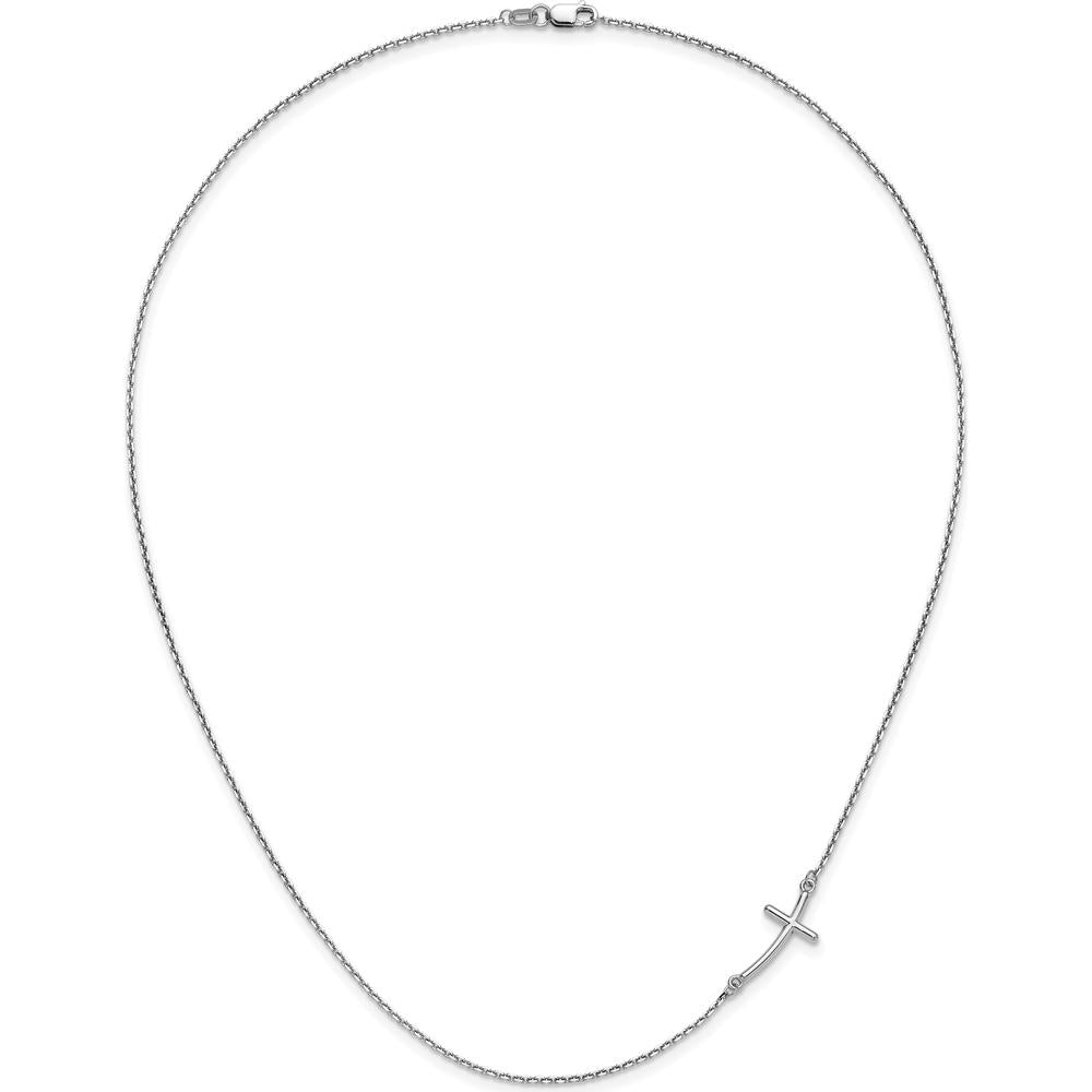 10K White Gold Small Sideways Curved Cross Necklace with Polished Finish and Rhodium Plating
