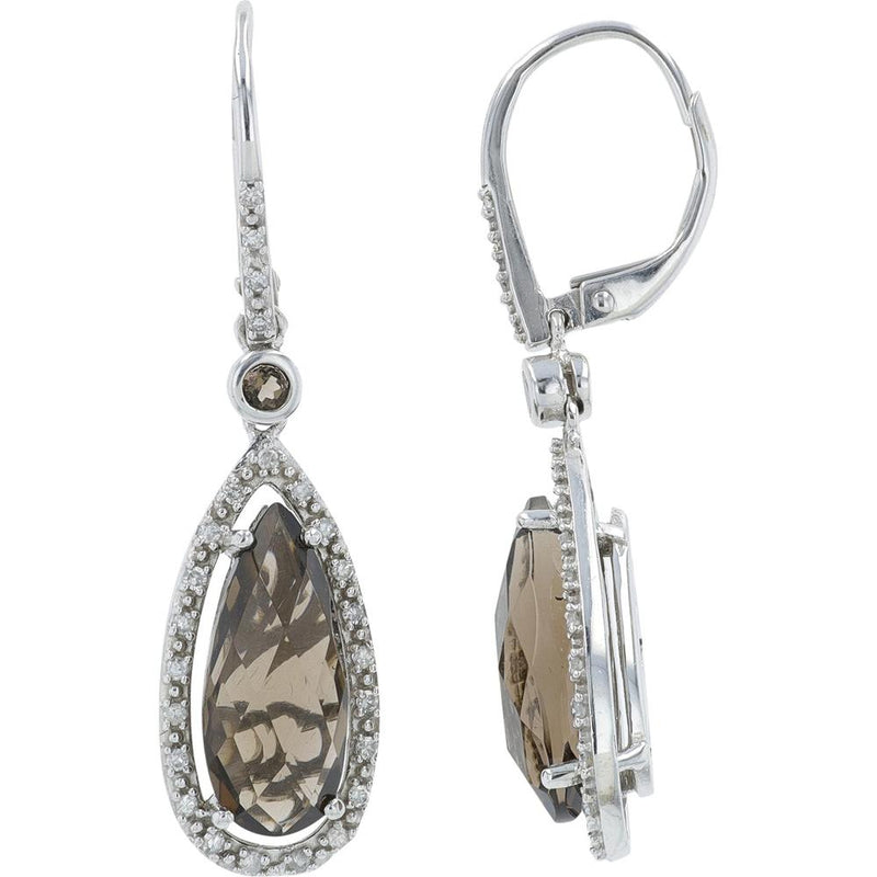 10K White Gold Smoky Quartz Teardrop Earrings with Diamond Halo - 0.25 Carat Total Diamond Weight