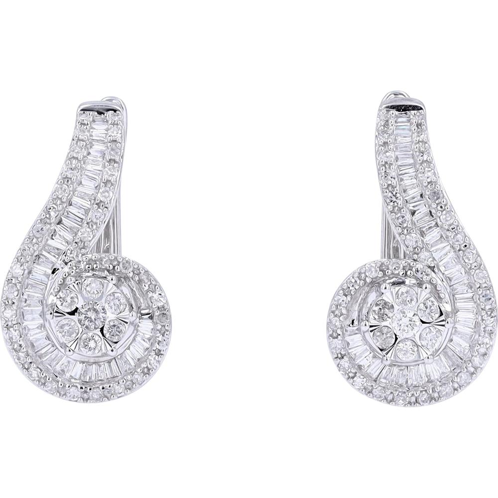 10K White Gold Spiral Diamond Earrings with Baguette and Round Diamonds - 1.00 Carat Total Diamond Weight