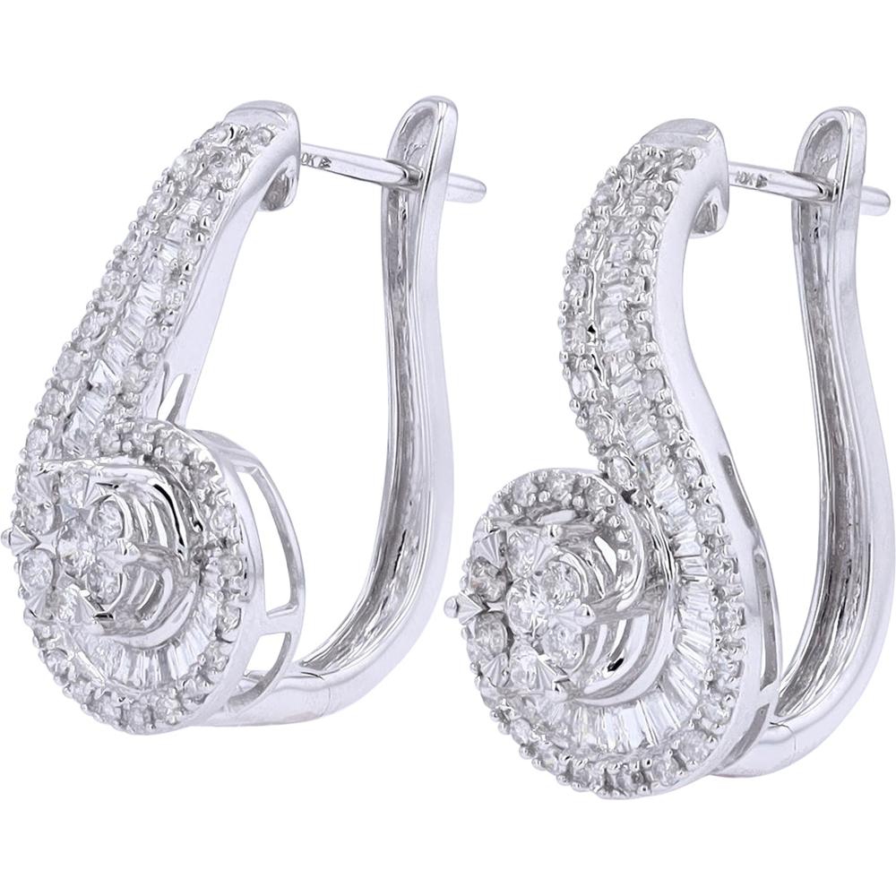 10K White Gold Spiral Diamond Earrings with Baguette and Round Diamonds - 1.00 Carat Total Diamond Weight
