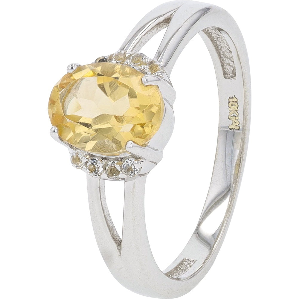 10K White Gold Split Shank Ring with 1 Carat Oval Citrine and Diamond Accents - 0.04 Carat Total Diamond Weight