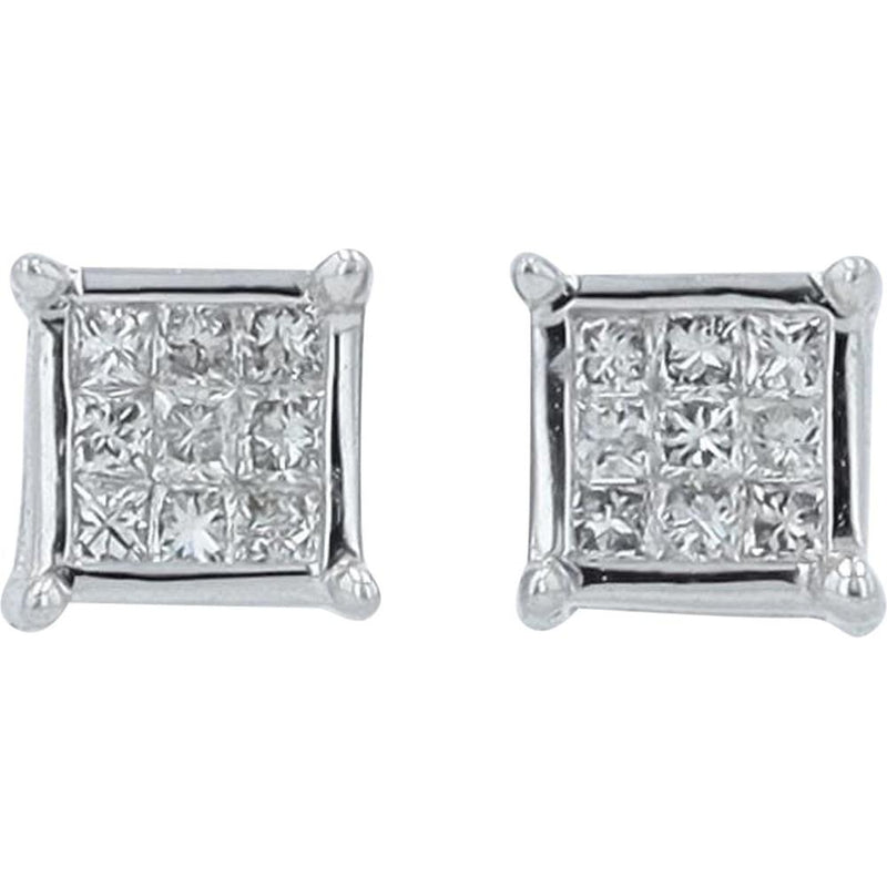 10K White Gold Square Cluster Diamond Stud Earrings - 0.12 Carats Total Diamond Weight