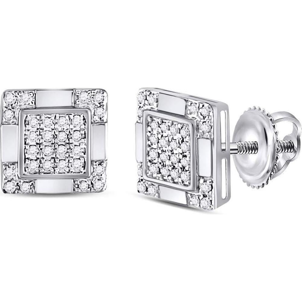 10K White Gold Square Cluster Stud Earrings with Round Pave-Set Diamonds - 1/6 Carat Total Diamond Weight