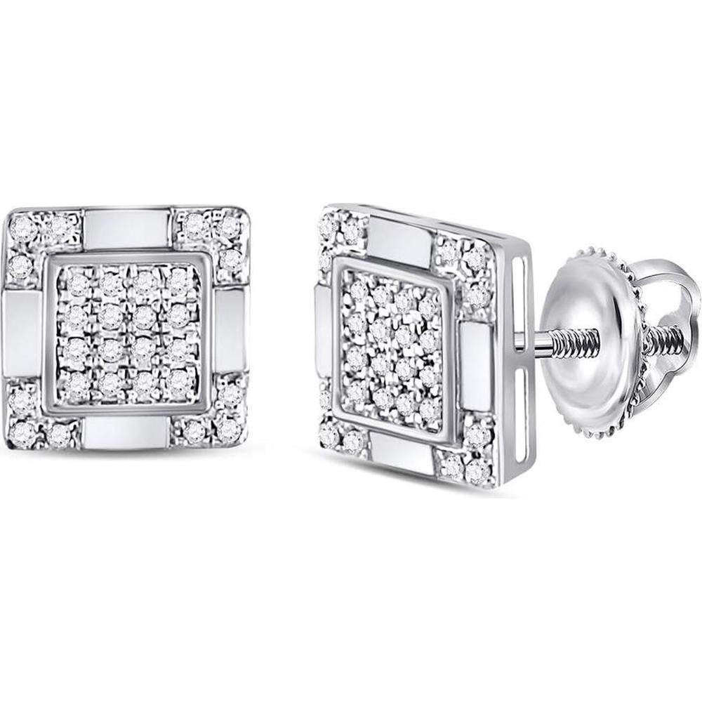 10K White Gold Square Cluster Stud Earrings with Round Pave-Set Diamonds - 1/6 Carat Total Diamond Weight