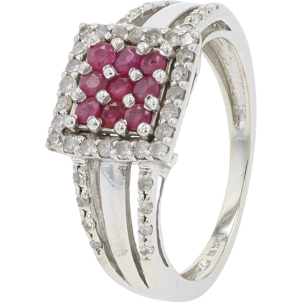 10K White Gold Square Halo Ring with Cluster Rubies and Round Diamonds - 0.45 Carat Total Ruby Weight and 0.32 Carat Total Diamond Weight