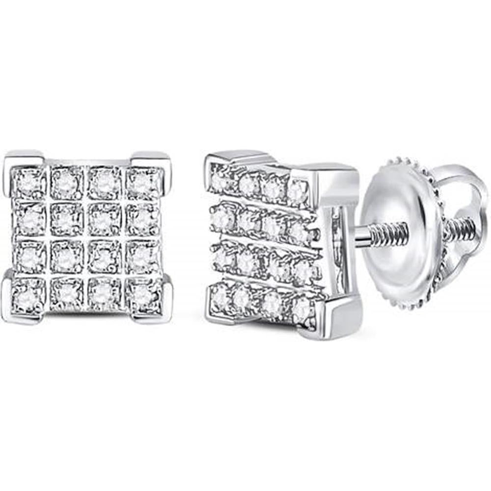 10K White Gold Square Stud Earrings with Pave-Set Round Diamonds - 0.10 Carat Total Diamond Weight