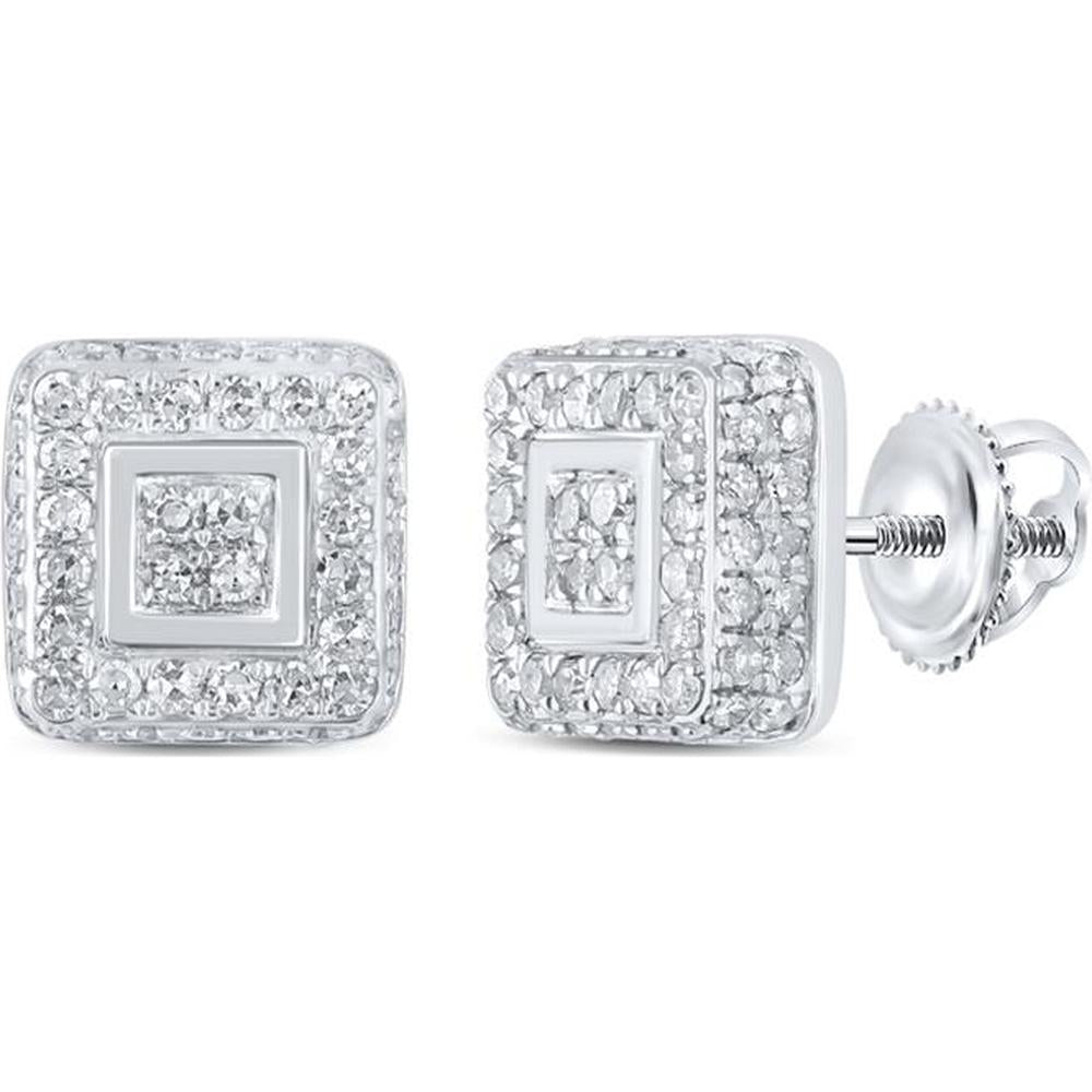 10K White Gold Square Stud Earrings with Pavé-Set Round Diamonds - 0.38 Carat Total Diamond Weight