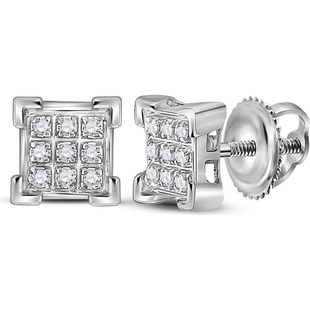 10K White Gold Square Stud Earrings with Pave-Set Round Diamonds - 1/20 Carat Total Diamond Weight