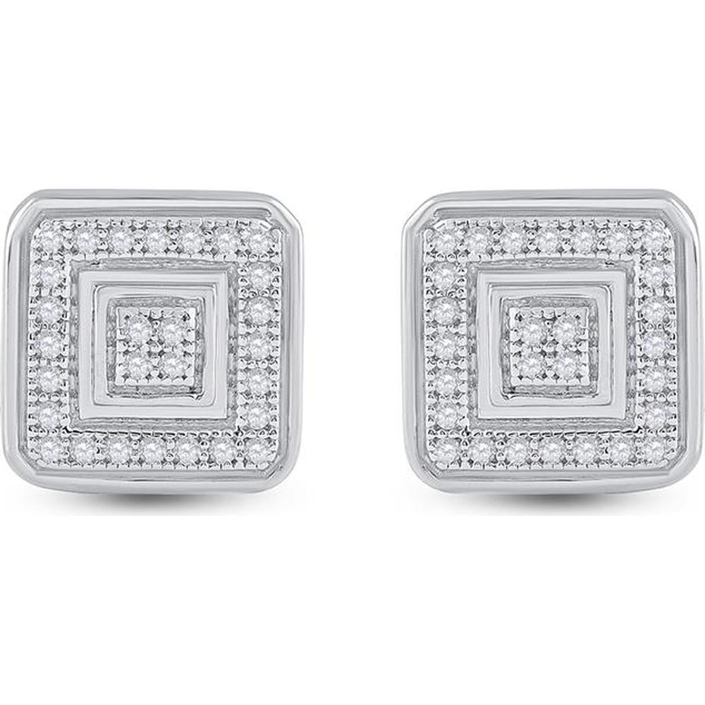 10K White Gold Square Stud Earrings with Pavé-Set Round Diamonds - 1/6 Carat Total Diamond Weight