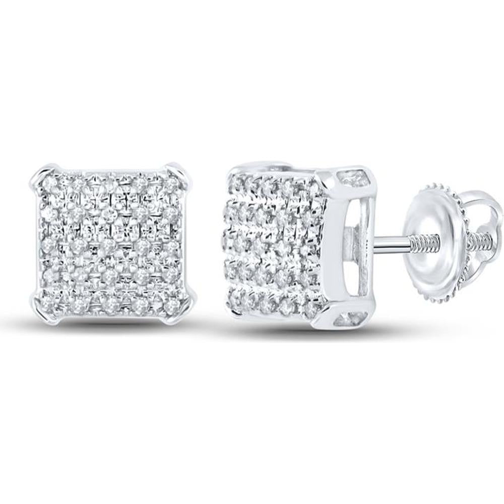 10K White Gold Square Stud Earrings with Pavé-Set Round Diamonds - 1/8 Carat Total Diamond Weight