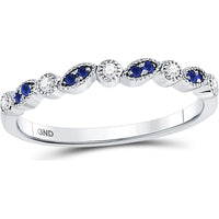 10K White Gold Stackable Band Ring with Prong-Set Round Blue Sapphires (0.05 Carat) and Diamonds (0.06 Carat)