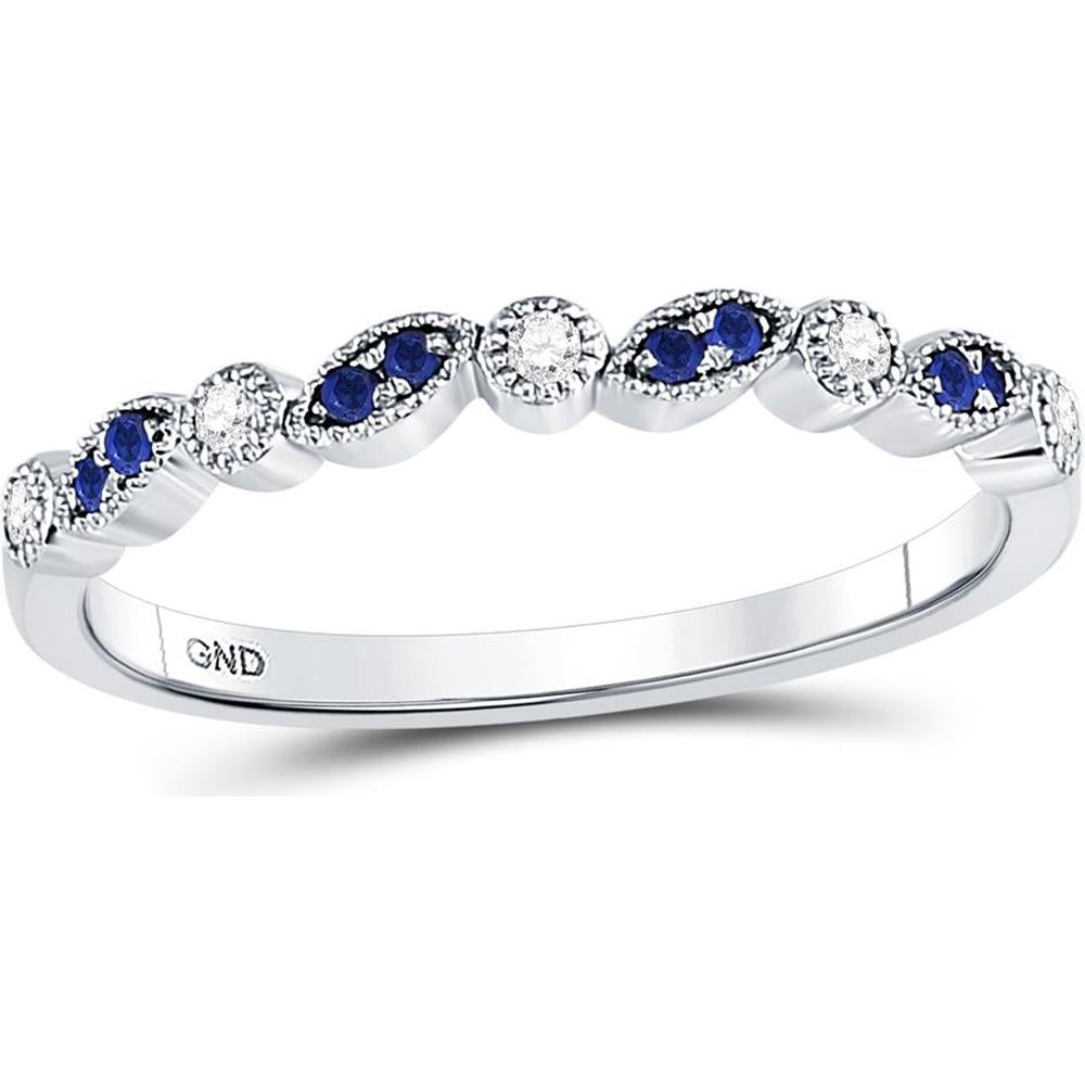 10K White Gold Stackable Band Ring with Prong-Set Round Blue Sapphires (0.05 Carat) and Diamonds (0.06 Carat)