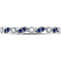 10K White Gold Stackable Band Ring with Prong-Set Round Blue Sapphires (0.05 Carat) and Diamonds (0.06 Carat)