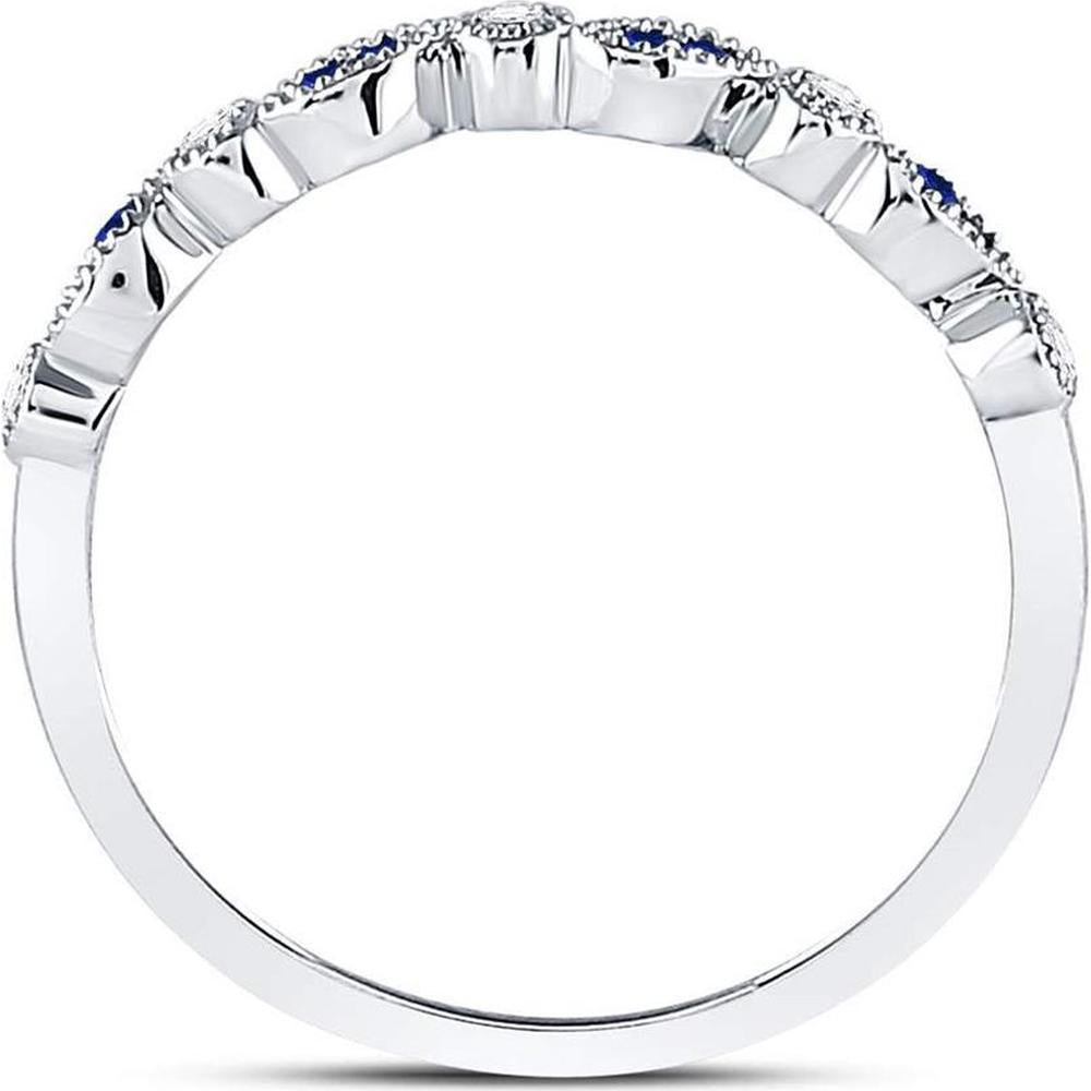 10K White Gold Stackable Band Ring with Prong-Set Round Blue Sapphires (0.05 Carat) and Diamonds (0.06 Carat)