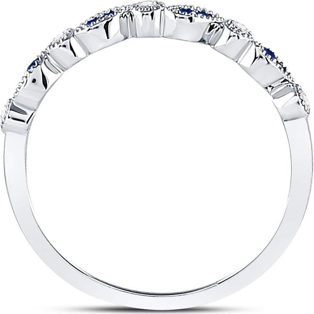 10K White Gold Stackable Band Ring with Prong-Set Round Blue Sapphires (0.05 Carat) and Diamonds (0.06 Carat)