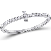 10K White Gold Stackable Band Ring with Prong-Set Round Diamonds and Vertical Cross - 1/6 Carat Total Diamond Weight