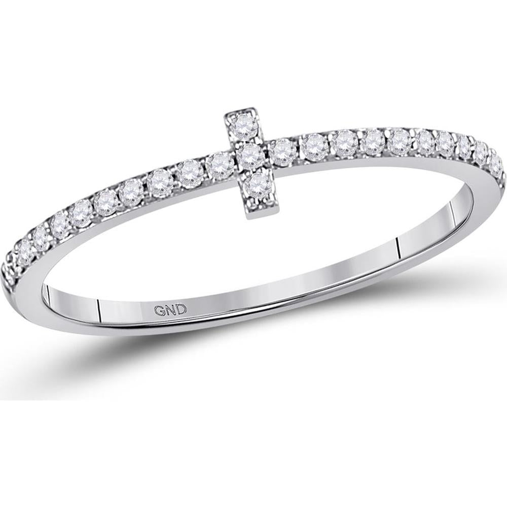10K White Gold Stackable Band Ring with Prong-Set Round Diamonds and Vertical Cross - 1/6 Carat Total Diamond Weight