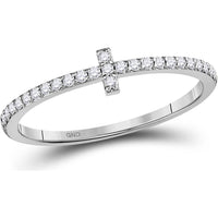 10K White Gold Stackable Band Ring with Prong-Set Round Diamonds and Vertical Cross - 1/6 Carat Total Diamond Weight