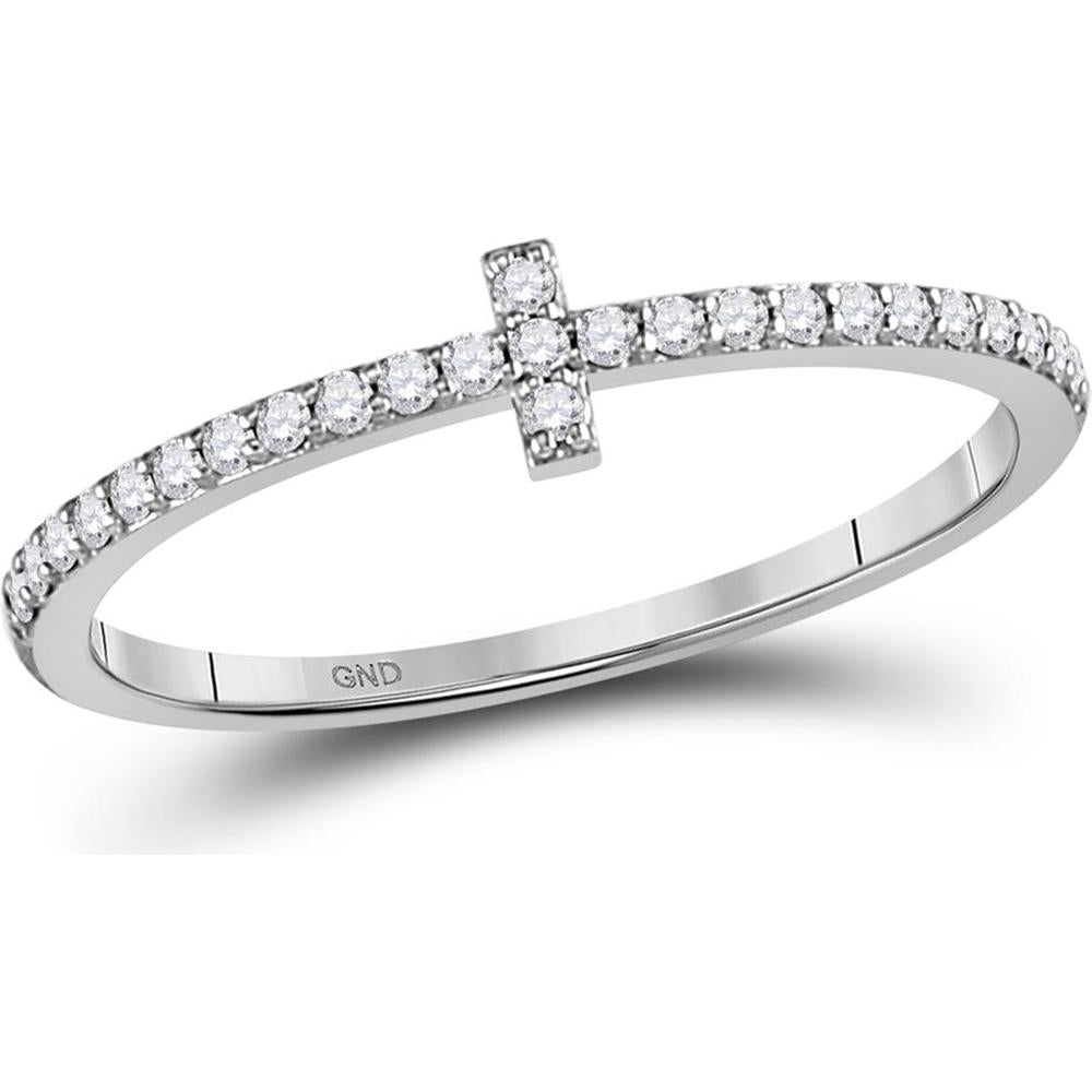 10K White Gold Stackable Band Ring with Prong-Set Round Diamonds and Vertical Cross - 1/6 Carat Total Diamond Weight