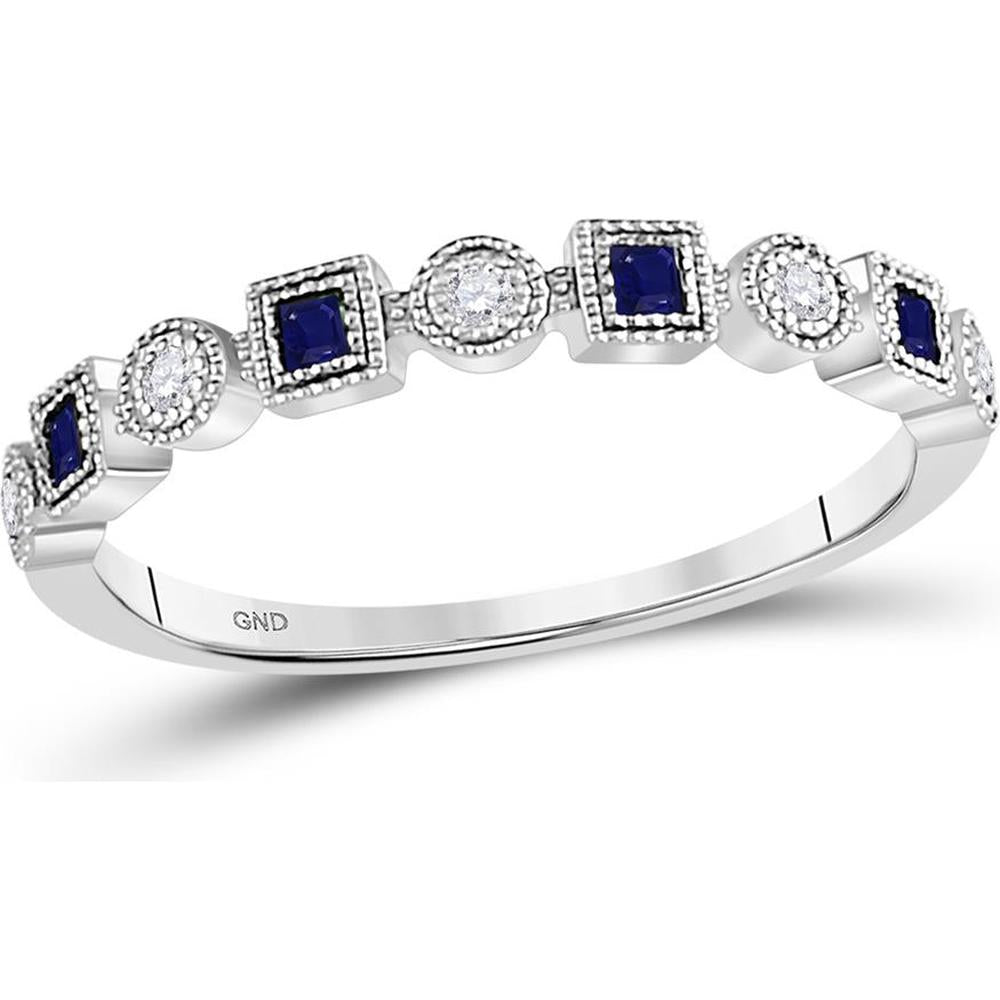 10K White Gold Stackable Band with Bezel-Set Princess Blue Sapphires 0.07 Carat and Round Diamonds 0.05 Carat Total Weight