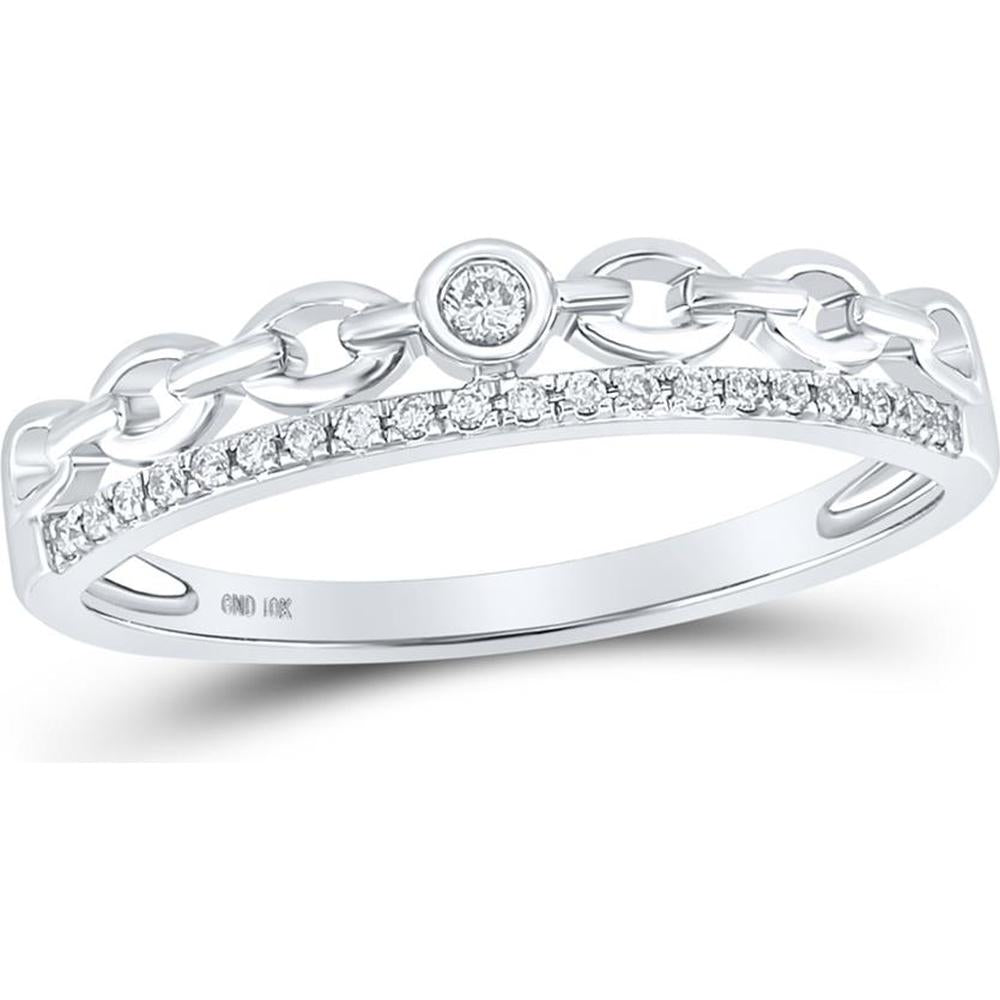 10K White Gold Stackable Rolo Link Band Ring with Bezel and Prong-Set Round Diamonds - 1/12 Carat Total Diamond Weight