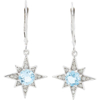 10K White Gold Star Drop Earrings with Round Blue Topaz and Diamond Accents - 1.15 Carat Total Topaz Weight and 0.12 Carat Total Diamond Weight