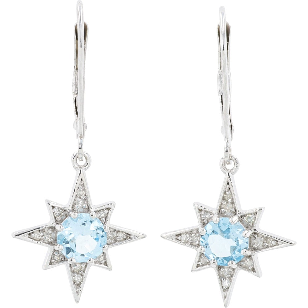 10K White Gold Star Drop Earrings with Round Blue Topaz and Diamond Accents - 1.15 Carat Total Topaz Weight and 0.12 Carat Total Diamond Weight