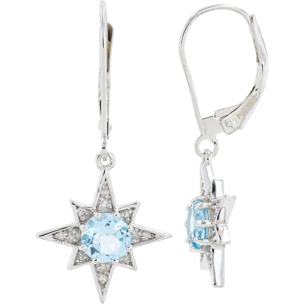10K White Gold Star Drop Earrings with Round Blue Topaz and Diamond Accents - 1.15 Carat Total Topaz Weight and 0.12 Carat Total Diamond Weight