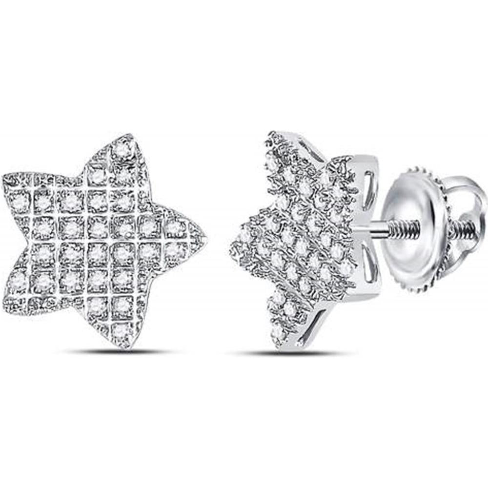 10K White Gold Star Stud Earrings with Pavé-Set Round Diamonds - 1/6 Carat Total Diamond Weight