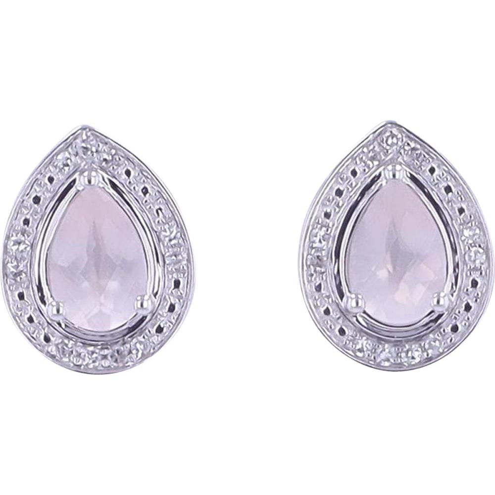 10K White Gold Stud Earrings with Pear-Shaped Rose Quartz and Diamond Halo - 0.75-1.00 Carats Total Gemstone Weight, 0.07 Carats Total Diamond Weight