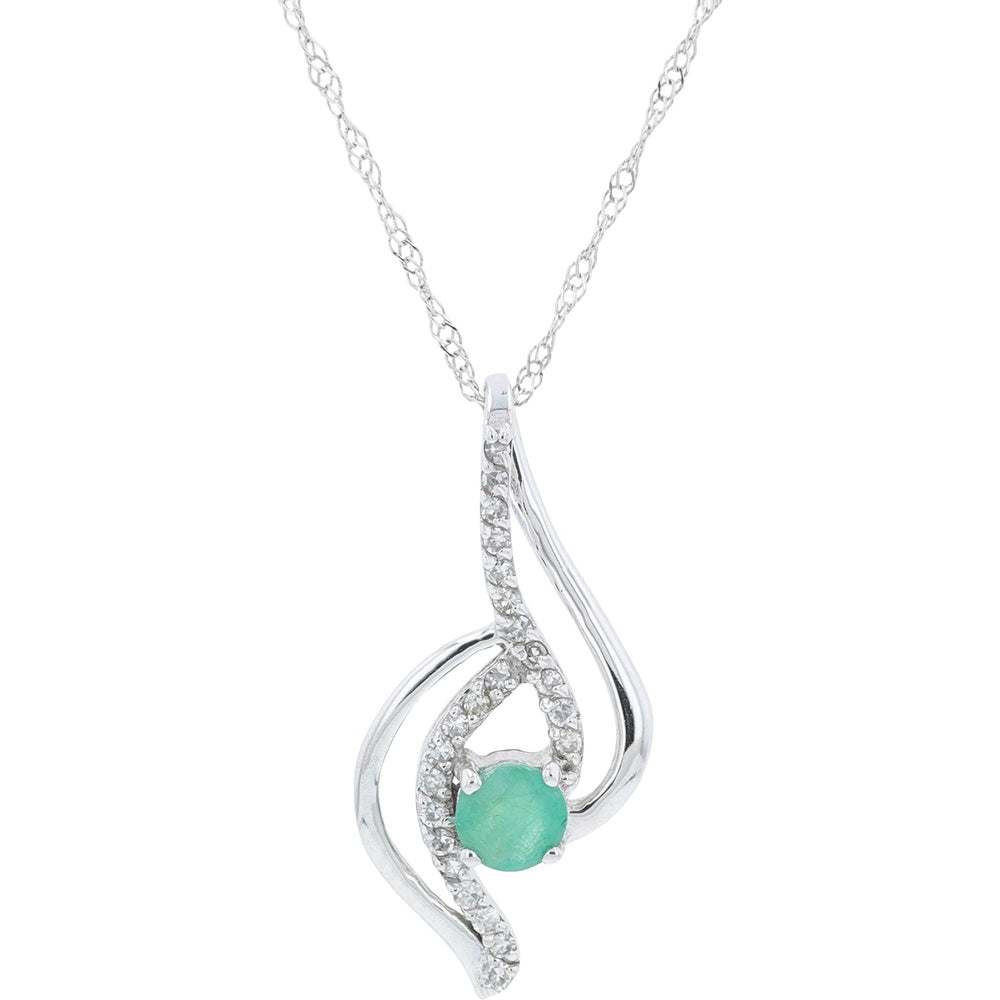 10K White Gold Swirl Pendant with Round-Cut Emerald and 0.12 Carat Diamond Accents