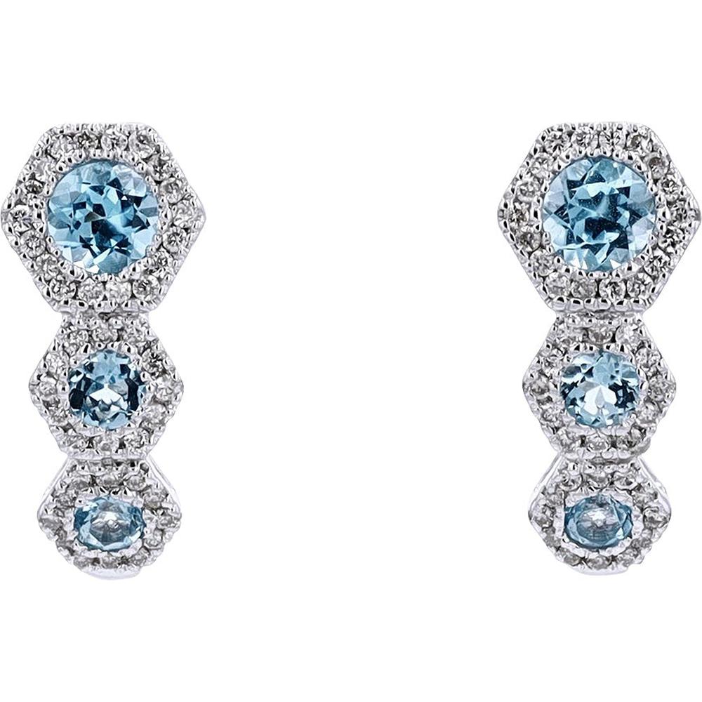 10K White Gold Swiss Blue Topaz and Diamond Hexagon Halo J-Hoop Earrings - 0.22 Carats Total Diamond Weight