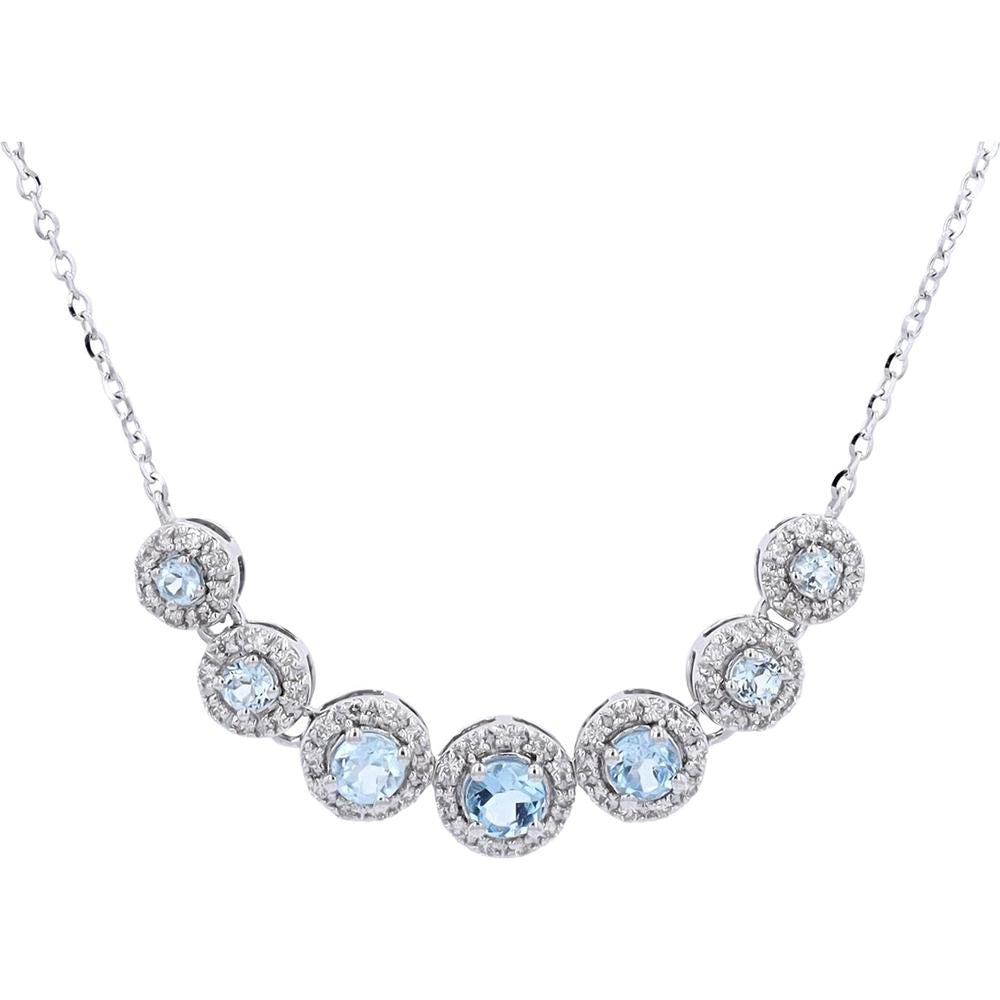 10K White Gold Swiss Blue Topaz Graduating Necklace with Diamond Halo - 0.44 Carats Total Topaz Weight, 0.17 Carats Total Diamond Weight
