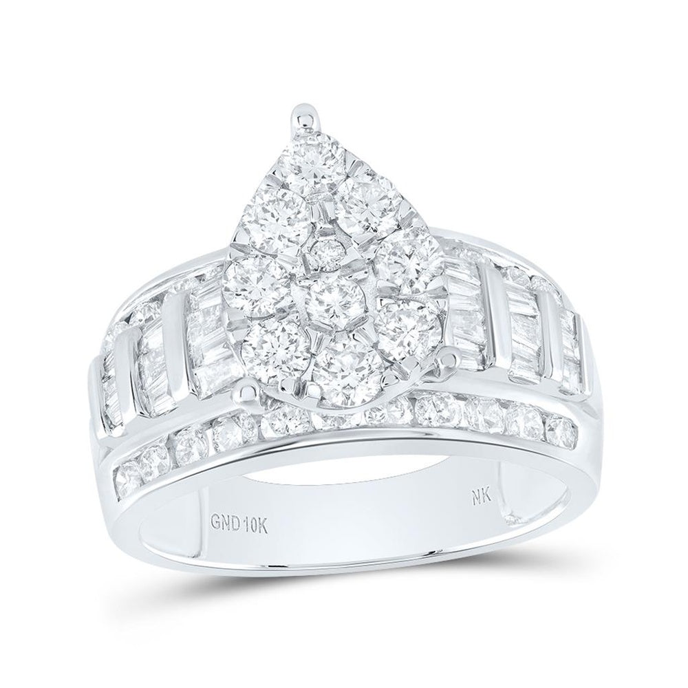 10K White Gold Teardrop Cluster Bridal Engagement Ring with Round and Baguette Natural Diamonds - 2 Carat Total Diamond Weight