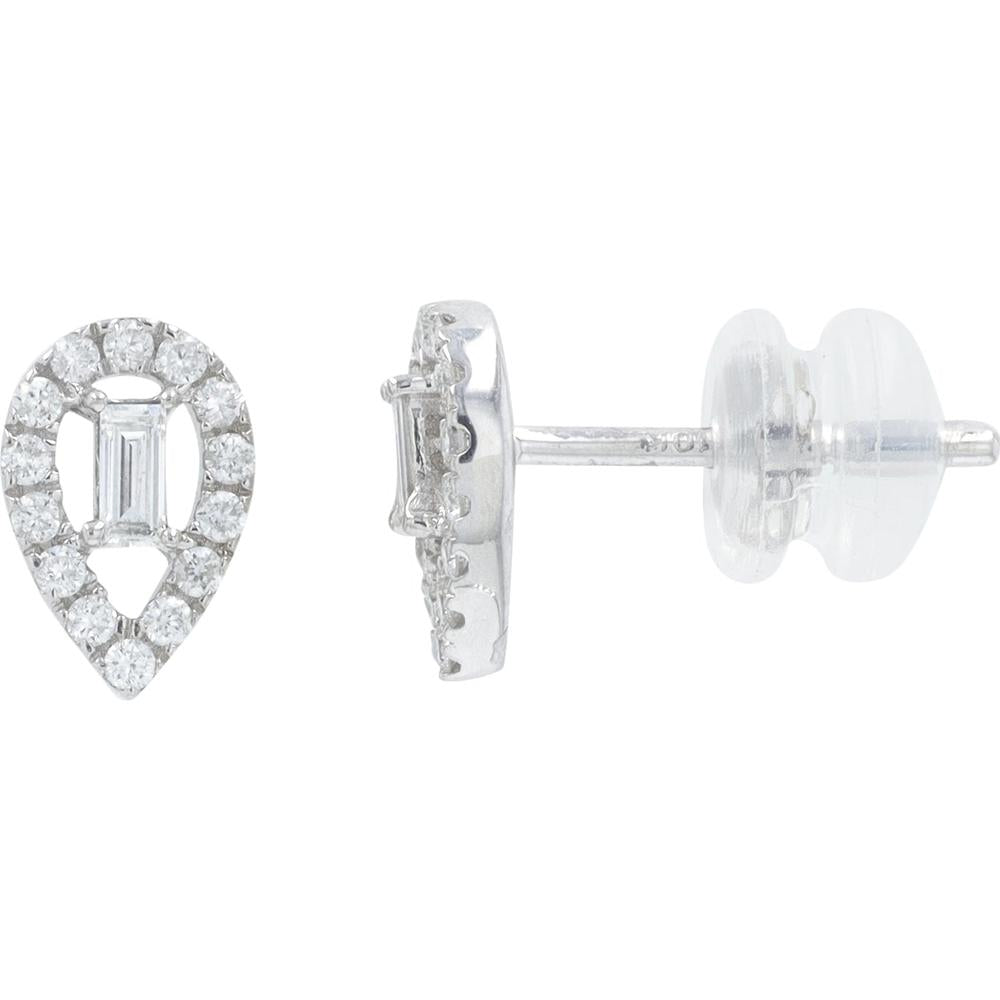 10K White Gold Teardrop Diamond Stud Earrings with Baguette and Round Diamonds - 0.25 Carat Total Diamond Weight