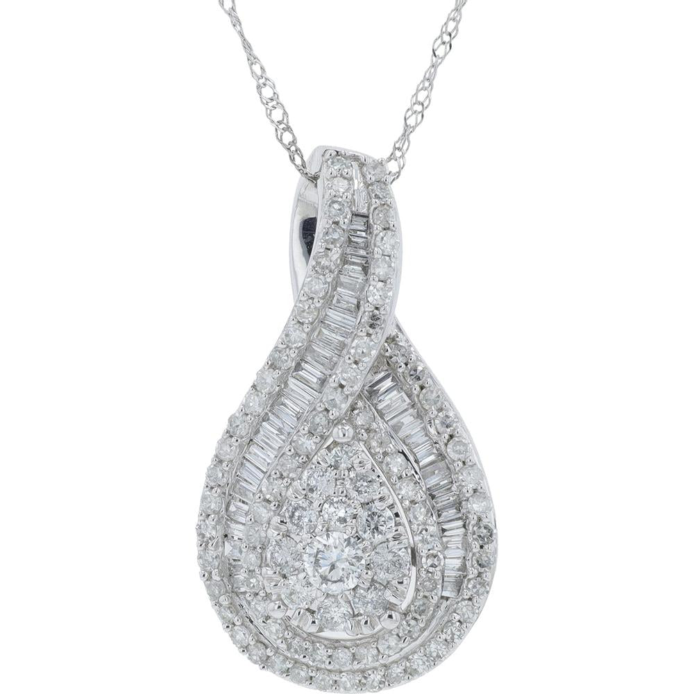 10K White Gold Teardrop Pendant with Halo and Baguette-Cut Diamonds - 1.00 Carat Total Diamond Weight
