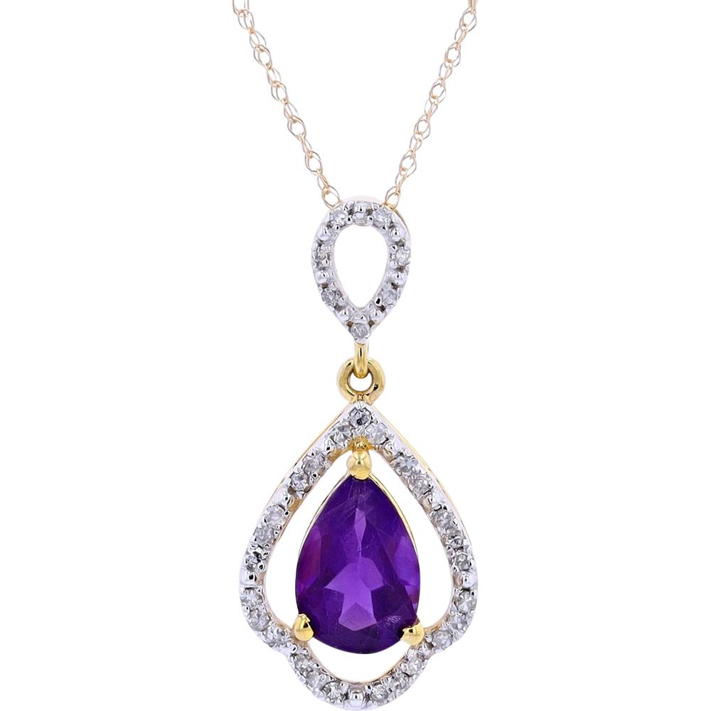 10K White Gold Teardrop Pendant with Pear-Cut Amethyst and Diamond Halo - 0.15 Carats Total Diamond Weight