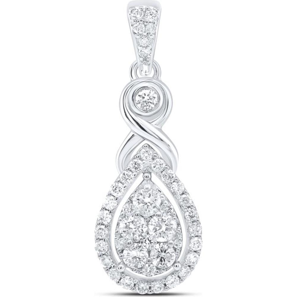 10K White Gold Teardrop Pendant with Round Diamond Cluster and Infinity Detail - 1/2 Carat Total Diamond Weight
