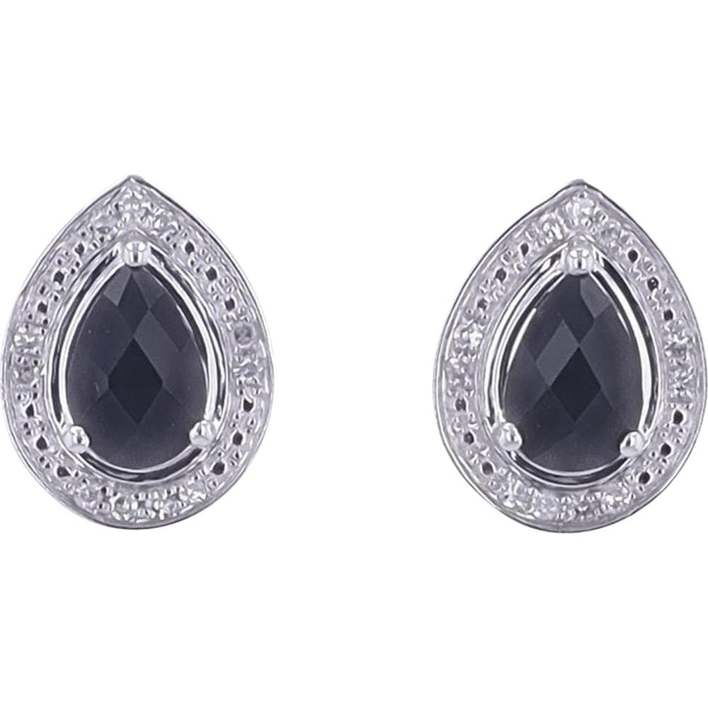 10K White Gold Teardrop Stud Earrings with Black Onyx and Diamond Halo - 0.75 Carats Total Gemstone Weight