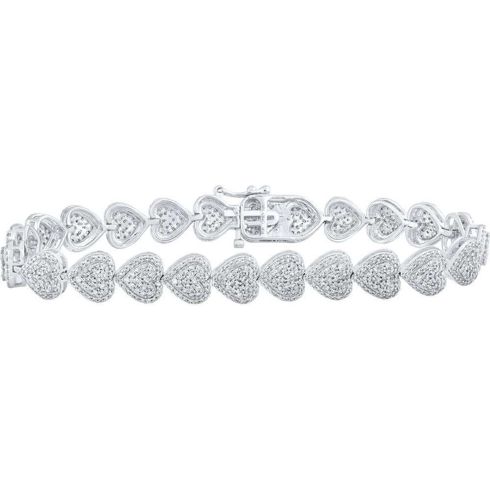 10K White Gold Tennis Bracelet with Prong-Set Round Diamonds in Heart Links - 2.65 Carat Total Diamond Weight