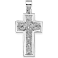 10K White Gold Textured Crucifix Pendant with Rhodium Plating