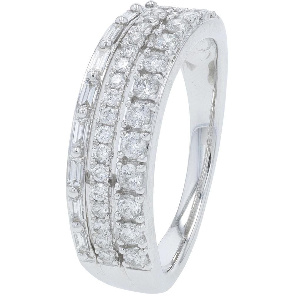10K White Gold Three-Row Ring with Round and Baguette Diamonds - 0.62 Carat Total Diamond Weight