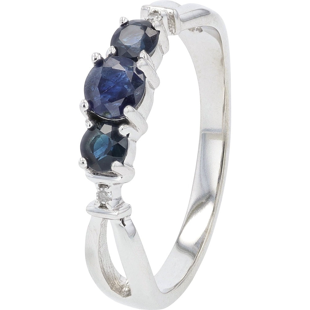 10K White Gold Three-Stone Band with Midnight Blue Sapphires and Diamond Accents - 0.02 Carat Total Diamond Weight