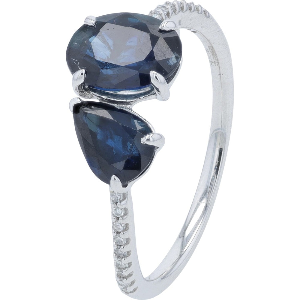 10K White Gold Toi et Moi Ring with Oval and Pear Cut Sapphires and Pave Diamond Accents - 2.00 Carat Total Gemstone Weight