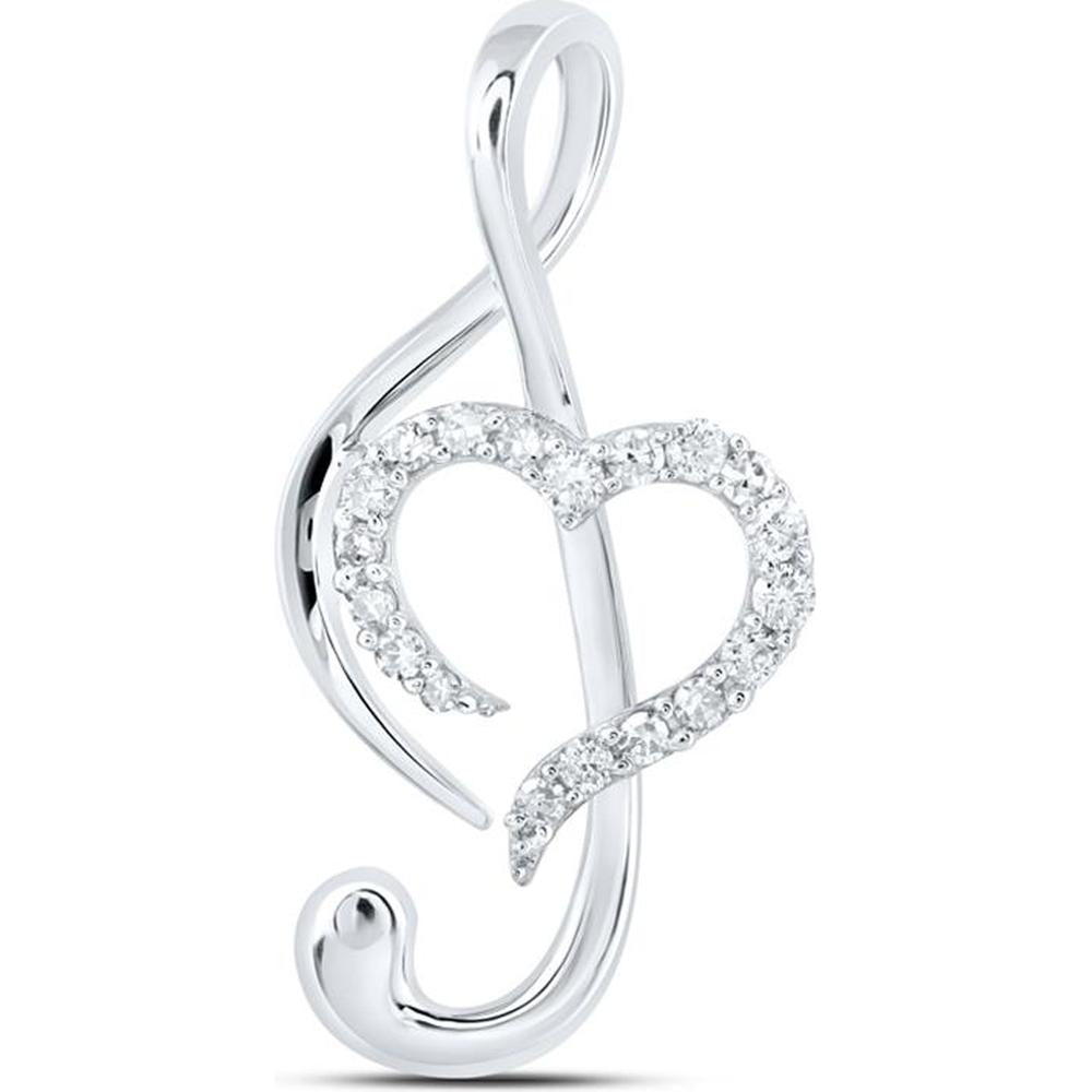 10K White Gold Treble Clef Heart Pendant with Prong-Set Round Diamonds - 1/6 Carat Total Diamond Weight