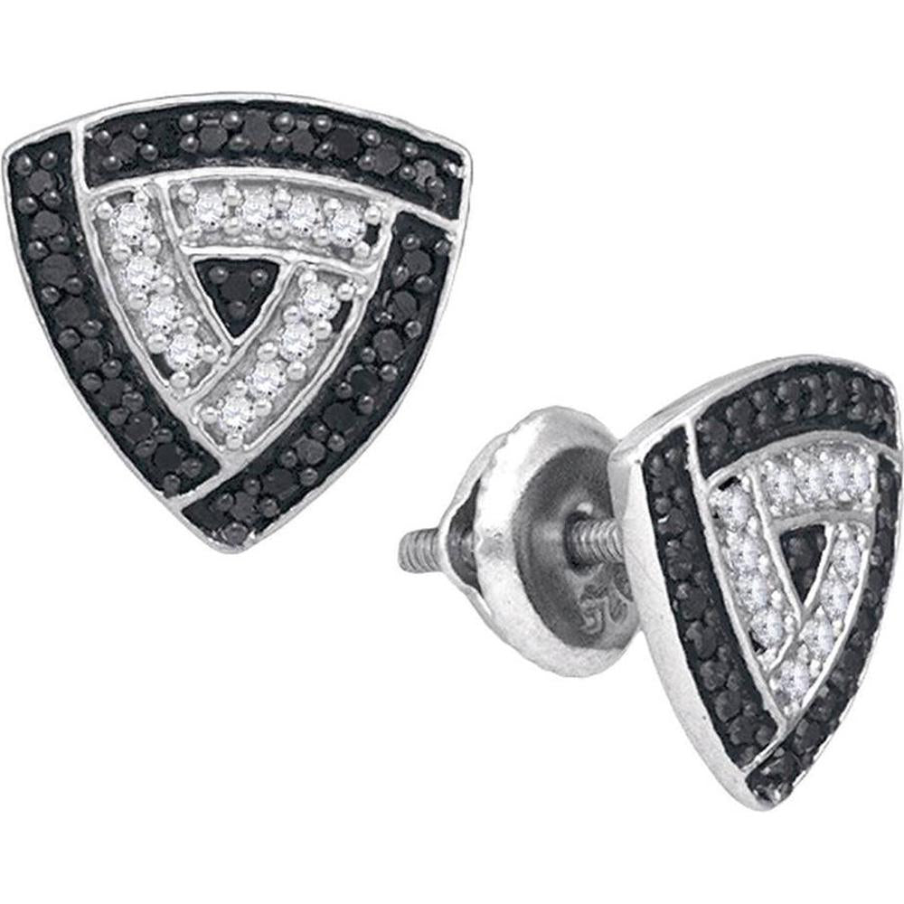 10K White Gold Triangle Stud Earrings with Round Black and White Diamonds - 0.30 Carat Total Diamond Weight