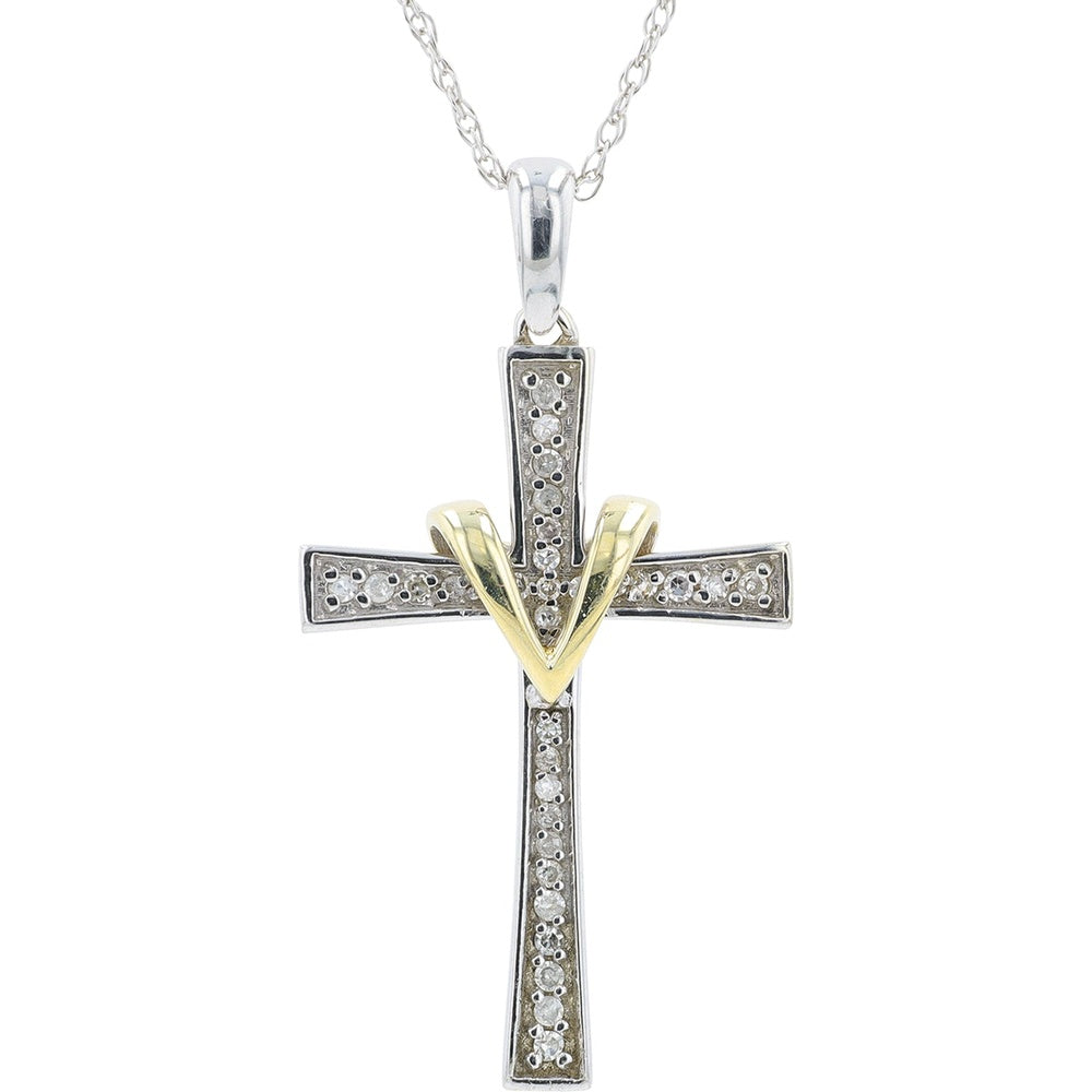 10K White Gold Two-Tone Cross Pendant with Bead-Set Round Diamonds - 0.13 Carat Total Diamond Weight