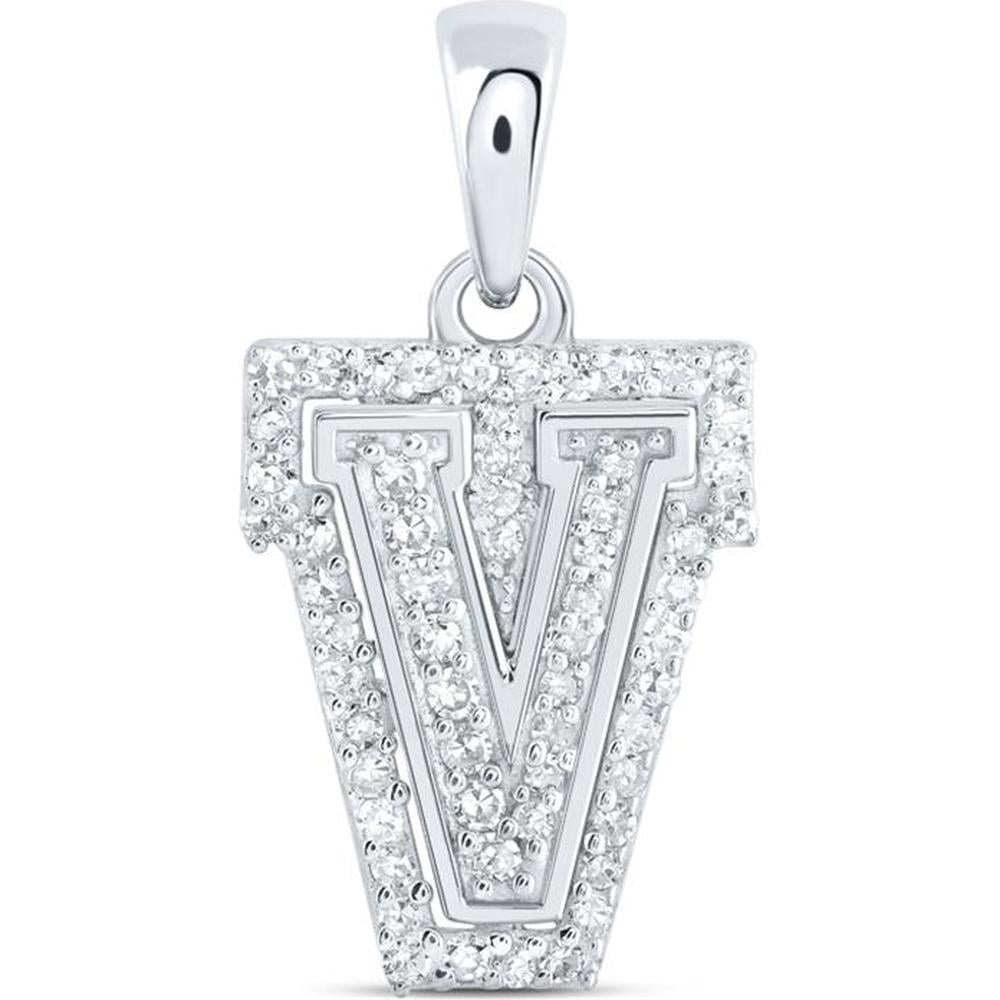 10K White Gold V Initial Pendant with Round Diamonds - 1/6 Carat Total Diamond Weight