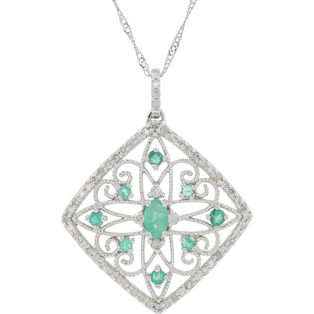 10K White Gold Vintage-Inspired Openwork Pendant with Oval Emerald and Diamond Accents - 0.50 Carat Emerald and 0.26 Carat Total Diamond Weight