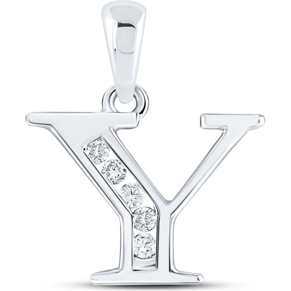 10K White Gold "Y" Initial Pendant with Channel-Set Round Diamonds - 1/20 Carat Total Diamond Weight